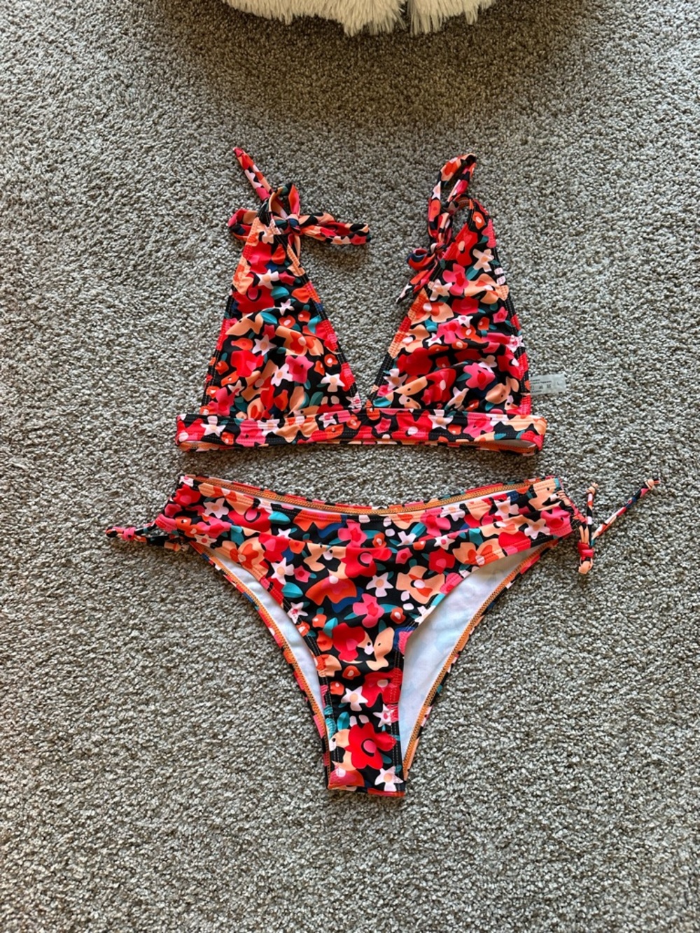 SHEIN Pink Orange Floral Tie-Side Bikini Set